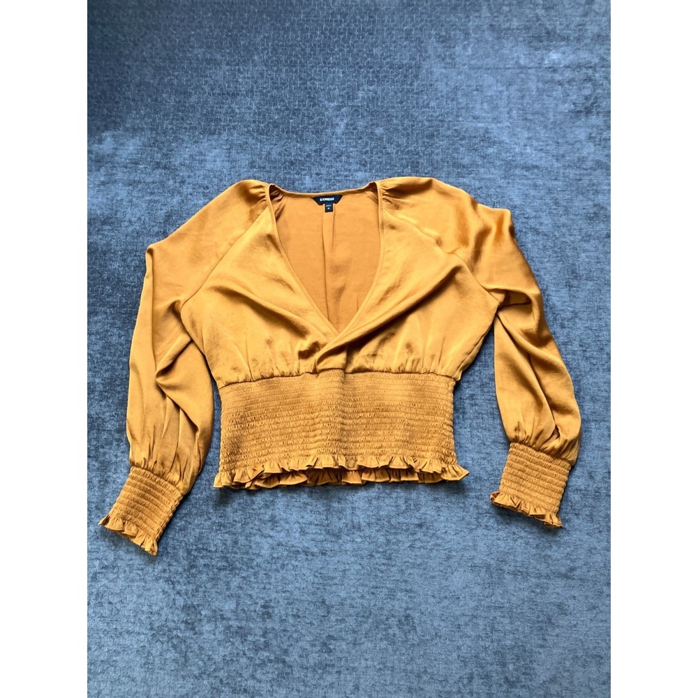 Express‎ Cropped Blouse Womens Large Yellow Smocked Waist Ruffle Hem Deep V-Neck